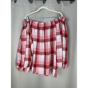 Caslon Pink & Red Plaid Off Shoulder Blouse – Puff Sleeve Top Size 2X cottagecor